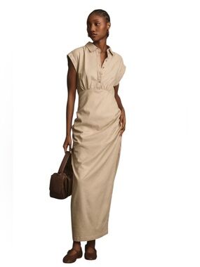 Anthropologie tan cap sleeve v-neck ruched slim midi maxi dress linen blend